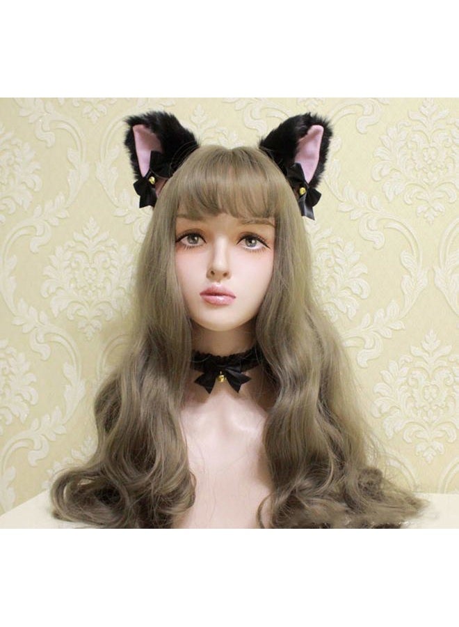 Fxaelian Animal Faux Fur Fox Cat Dog Ears Headband Halloween Cosplay Costume Party Headbands for Women Men Adult with Bell Black - Image 5