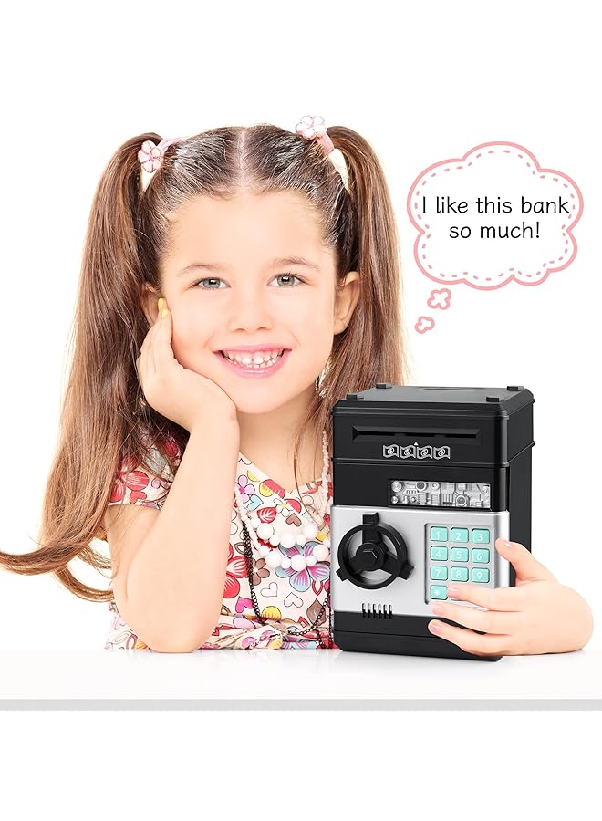 إيروريكس حصالة نقود ورقية للأطفال مزودة بآلة صرف آلي إلكترونية مزودة بكلمة مرور آمنة وبنك نقود معدنية هدايا ألعاب للأولاد والبنات بعمر 3 4 5 6 7 8 9 10 سنوات باللون الأسود - Image 2