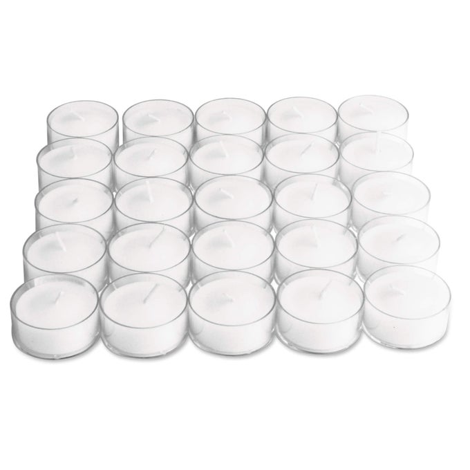 UNSCENTED BASIC CLEAR CUP TEALIGHT CANDLE 25 PACK BURN TIME 3 HOURS IDEAL FOR HOME DECOR DECORATION BIRTHDAY PARTIES WEDDING DINNER WHITE