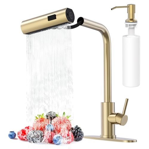 AVSIILE Brushed Gold Waterfall Kitchen Faucets with Pull Down Sprayer & Soap Dispenser, Single Hole & Handle, Pull Out Tap, Stainless Steel Sink Faucet, Suitable for Farmhouse Camper Laundry Rv Bar - Image 1