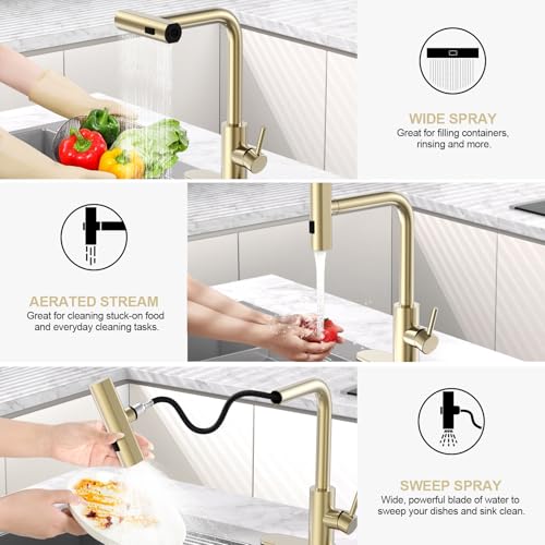 AVSIILE Brushed Gold Waterfall Kitchen Faucets with Pull Down Sprayer & Soap Dispenser, Single Hole & Handle, Pull Out Tap, Stainless Steel Sink Faucet, Suitable for Farmhouse Camper Laundry Rv Bar - Image 2