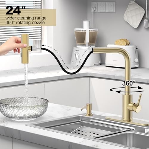 AVSIILE Brushed Gold Waterfall Kitchen Faucets with Pull Down Sprayer & Soap Dispenser, Single Hole & Handle, Pull Out Tap, Stainless Steel Sink Faucet, Suitable for Farmhouse Camper Laundry Rv Bar - Image 4