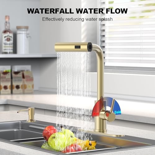 AVSIILE Brushed Gold Waterfall Kitchen Faucets with Pull Down Sprayer & Soap Dispenser, Single Hole & Handle, Pull Out Tap, Stainless Steel Sink Faucet, Suitable for Farmhouse Camper Laundry Rv Bar - Image 3
