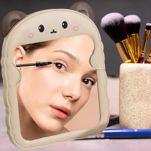 Spooky Cute Makeup Mirror Cartoon Bear Mirror for Desk, Desktop Mirror with Stand for Girls, Kids, Hanging Vanity Makeup Mirror for Bedroom, Bathroom, Office, Dressing Room (A-Brown) - Image 4