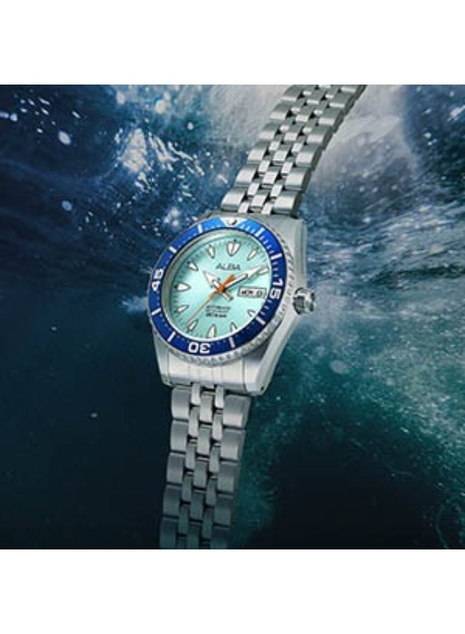 Alba Mechanical Automatic Men’s Watch AL4769X1, 43 mm Light Blue Dial, Stainless Steel Case & Bracelet, Rotating Bezel, 200 m WR - Image 4