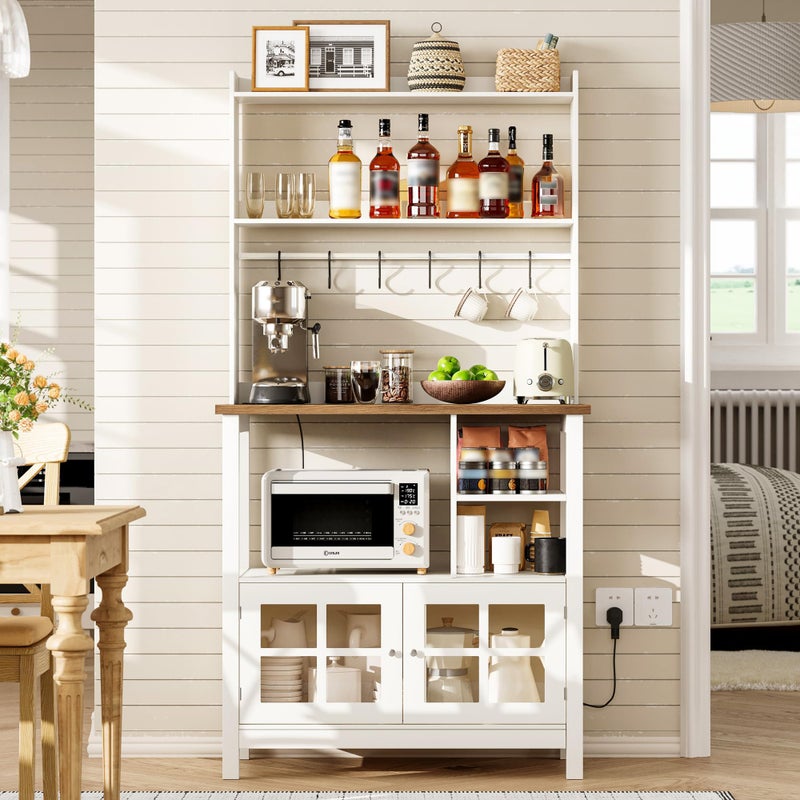 choochoo ChooChoo Farmhouse Bakers Rack with Power Outlets and Storage Coffee Bar Cabinet with Storage Microwave Stand Kitchen Cabinet with Hutch and 6 Hooks Soft White  Brown