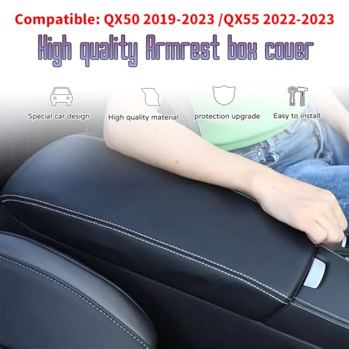 Bmolpt Custom Interior Accessories for Infiniti QX50 2019 2020 2021 2022 2023 QX55 2022 2023 Leather Center Armrest Box Cover Armrest Cushion Central Armrest Protector Pad(Black with White Stitching) - Image 3