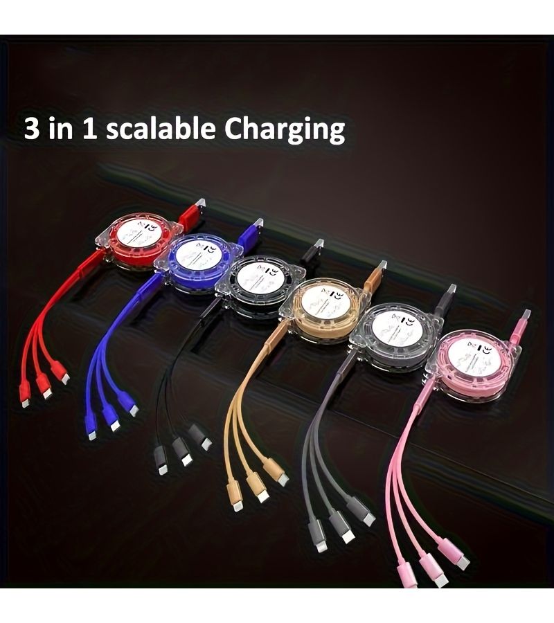 Retractable 3 In 1 Triple Head USB Cable Android Type C For iPhone Red Durable Universal - Image 4