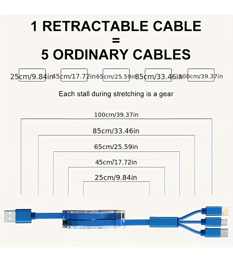 Retractable 3 In 1 Triple Head USB Cable Android Type C For iPhone Red Durable Universal - Image 2