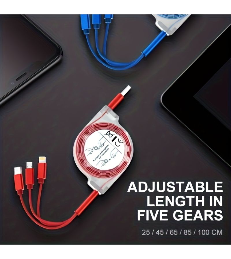 Retractable 3 In 1 Triple Head USB Cable Android Type C For iPhone Red Durable Universal - Image 5
