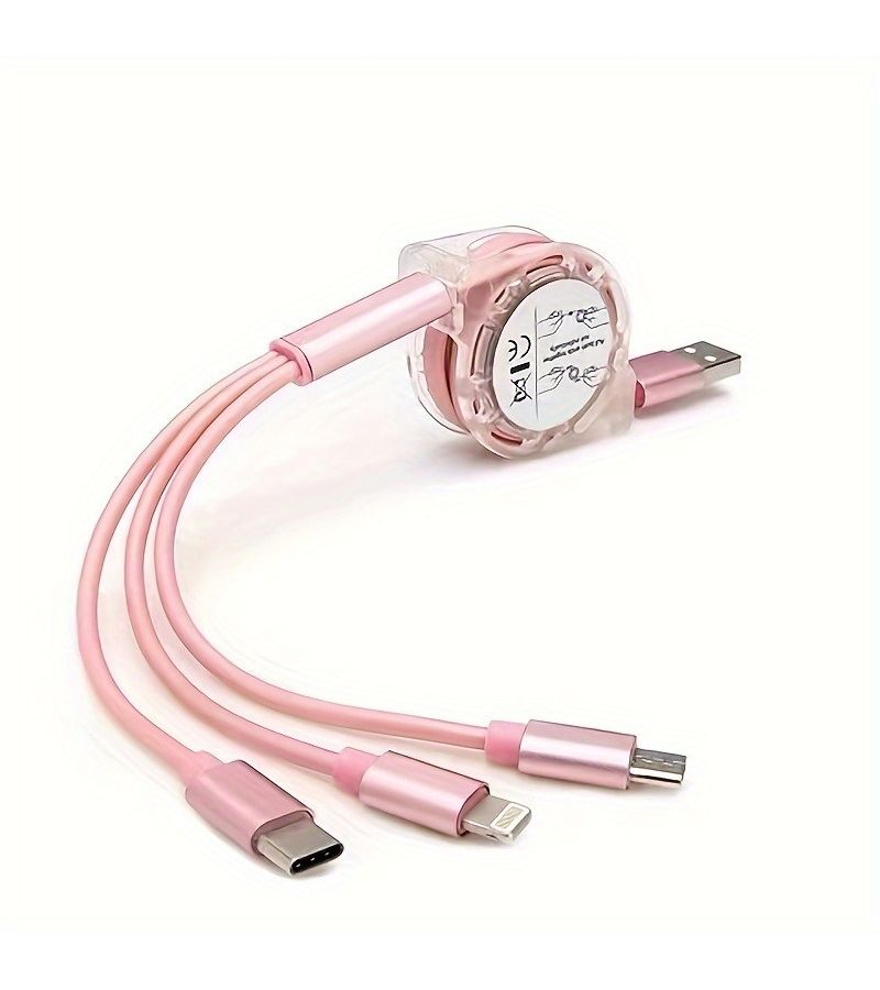 Retractable 3 In 1 Triple Head USB Cable Android Type C For iPhone Red Durable Universal - Image 1