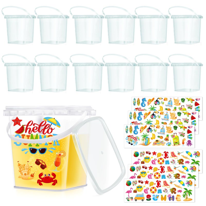 Burbell 12 Pcs 34 oz Buckets for Drinks Ice Cream Buckets with Lids and Handles 150 Summer Stickers Cocktail Rum Bucket Clear Plastic Containers Reusable Plastic Pail for Summer Beach Party Supplies - Image 1