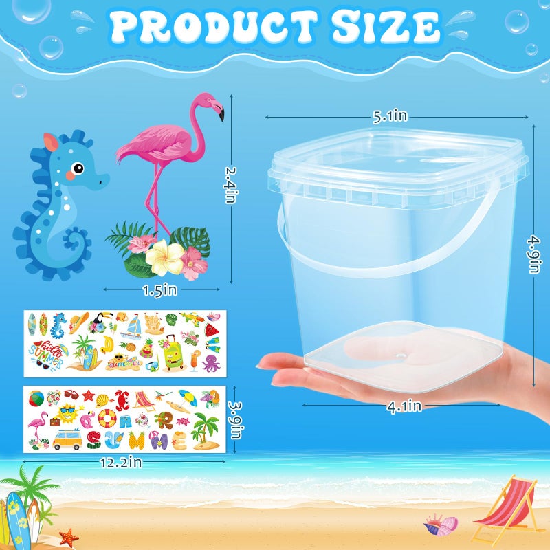Burbell 12 Pcs 34 oz Buckets for Drinks Ice Cream Buckets with Lids and Handles 150 Summer Stickers Cocktail Rum Bucket Clear Plastic Containers Reusable Plastic Pail for Summer Beach Party Supplies - Image 2
