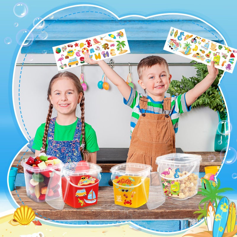 Burbell 12 Pcs 34 oz Buckets for Drinks Ice Cream Buckets with Lids and Handles 150 Summer Stickers Cocktail Rum Bucket Clear Plastic Containers Reusable Plastic Pail for Summer Beach Party Supplies - Image 5