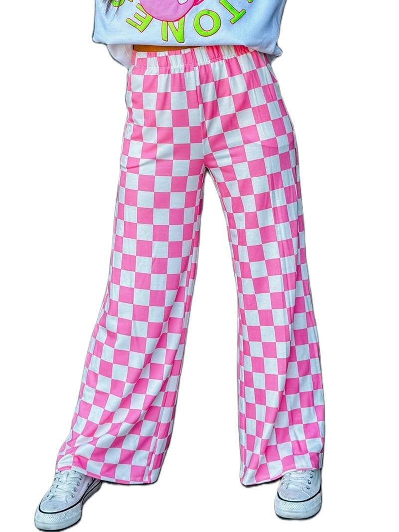 IWOLLENCE Women's Y2K Wide Leg Pants Checkered Casual Loose High Waist Loungewear Teen Gingham Sweatpants Summer Pink White, 2XL - Image 2