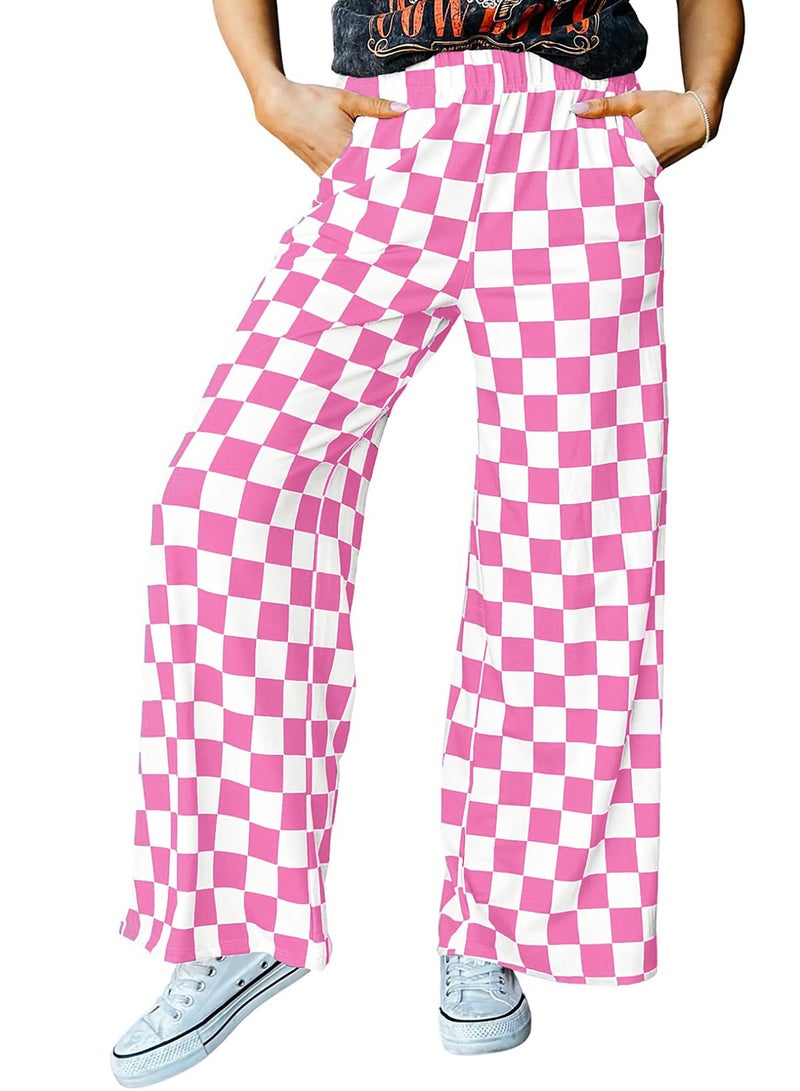 IWOLLENCE Women's Y2K Wide Leg Pants Checkered Casual Loose High Waist Loungewear Teen Gingham Sweatpants Summer Pink White, 2XL - Image 1