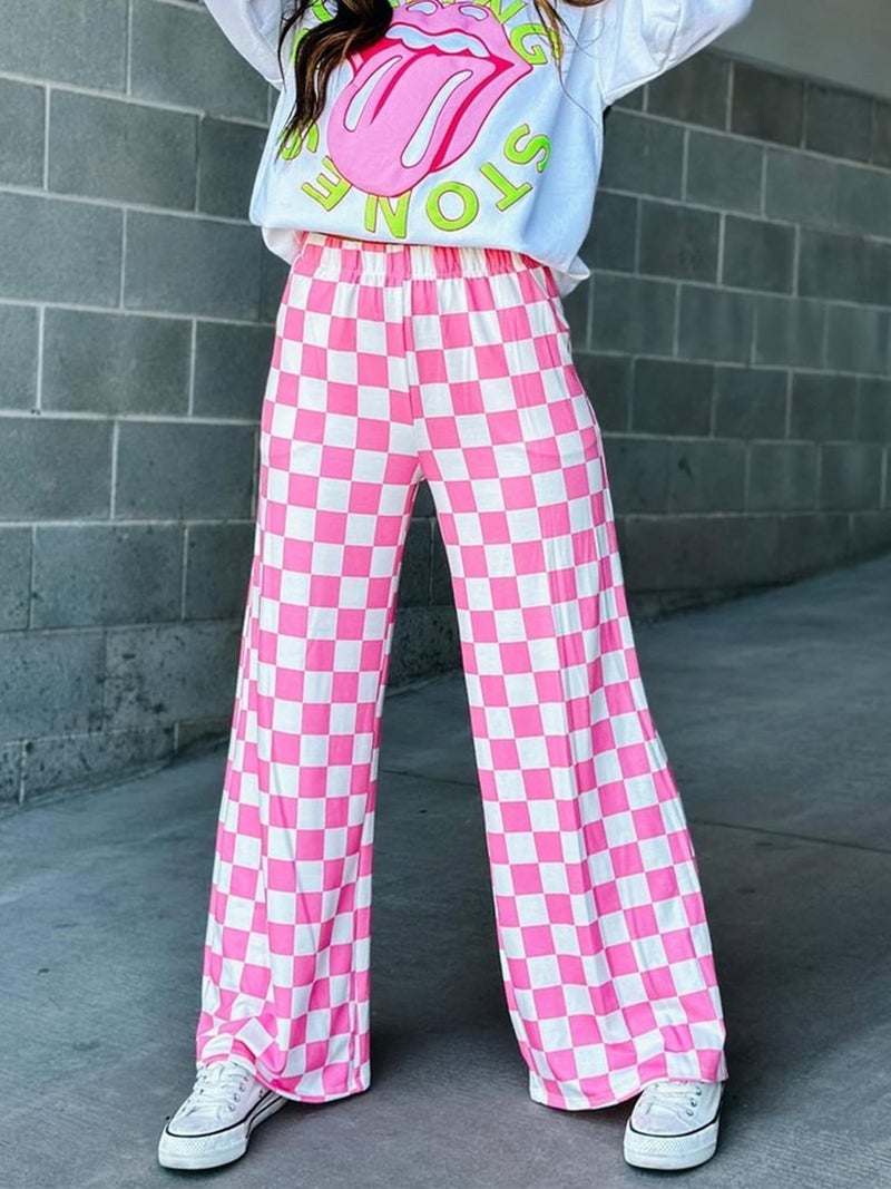 IWOLLENCE Women's Y2K Wide Leg Pants Checkered Casual Loose High Waist Loungewear Teen Gingham Sweatpants Summer Pink White, 2XL - Image 4