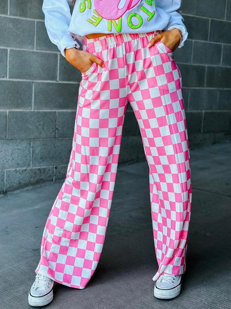 IWOLLENCE Women's Y2K Wide Leg Pants Checkered Casual Loose High Waist Loungewear Teen Gingham Sweatpants Summer Pink White, 2XL - Image 5