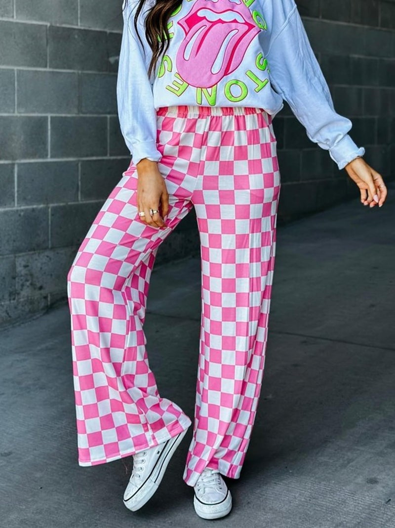 IWOLLENCE Women's Y2K Wide Leg Pants Checkered Casual Loose High Waist Loungewear Teen Gingham Sweatpants Summer Pink White, 2XL - Image 3