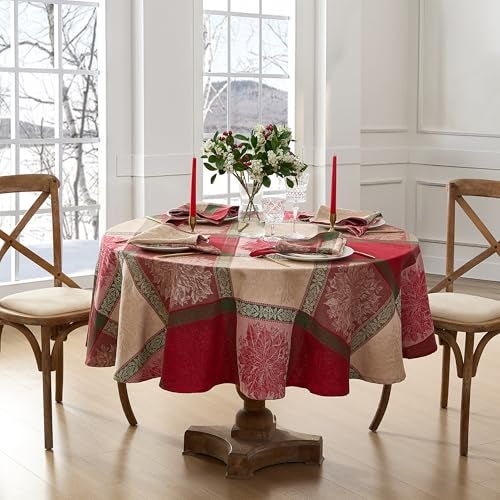Elrene Home Fashions Prestige Poinsettia Jacquard Woven Cotton ChristmasHoliday Oval Tablecloth 60x84 - Image 3