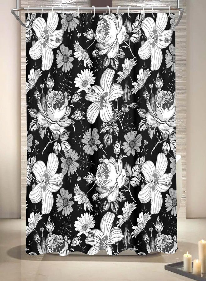 Coxila Black Floral Shower Curtain White Vintage Plant Abstract Watercolor Boho Dark Flower Flowers Fabric Printed 60 x 72 Inch Polyester Fabric 12 Pack Hooks - Image 4