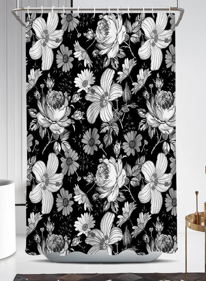 Coxila Black Floral Shower Curtain White Vintage Plant Abstract Watercolor Boho Dark Flower Flowers Fabric Printed 60 x 72 Inch Polyester Fabric 12 Pack Hooks - Image 1