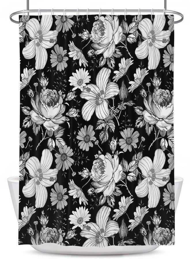 Coxila Black Floral Shower Curtain White Vintage Plant Abstract Watercolor Boho Dark Flower Flowers Fabric Printed 60 x 72 Inch Polyester Fabric 12 Pack Hooks - Image 5