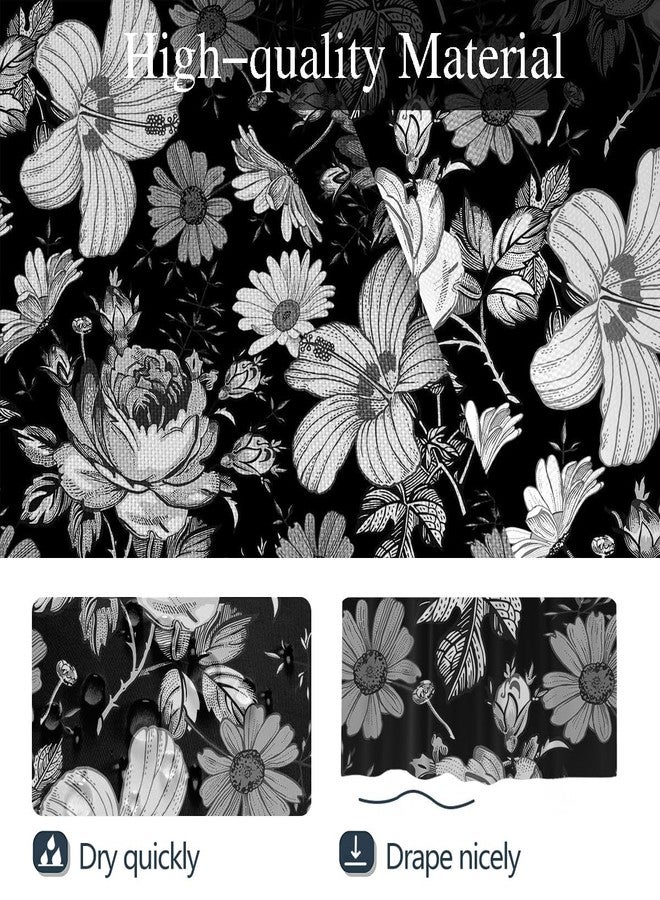 Coxila Black Floral Shower Curtain White Vintage Plant Abstract Watercolor Boho Dark Flower Flowers Fabric Printed 60 x 72 Inch Polyester Fabric 12 Pack Hooks - Image 3