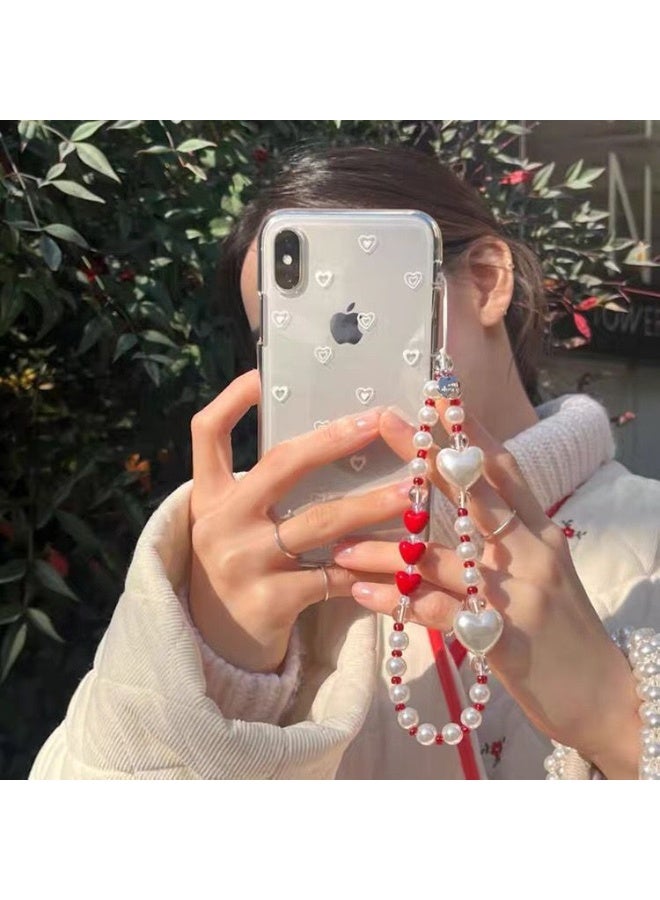 NIBEMINENT Beaded Phone Lanyard, Anti Lost Removable Wrist Strap,Red And White Heart Bracelet Pendant, Phone Keychain Lanyard