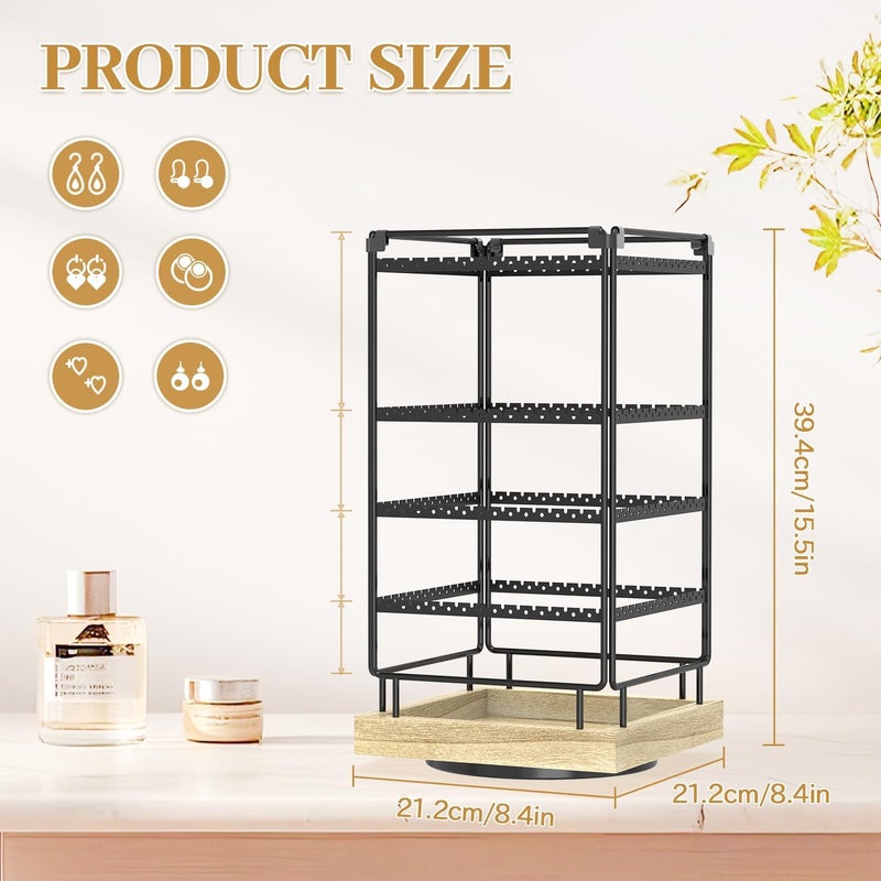 MODOWEY 4 Tier Rotating Earring Holder Organizer Metal Wooden Display Stand Tree for Women, 224 Holes and Grooves Large Storage Rack, Stable Square Tower for Stud Pierced Dangle Hoop, Light Oak - Image 2