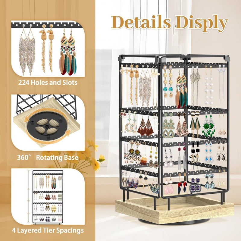 MODOWEY 4 Tier Rotating Earring Holder Organizer Metal Wooden Display Stand Tree for Women, 224 Holes and Grooves Large Storage Rack, Stable Square Tower for Stud Pierced Dangle Hoop, Light Oak - Image 4