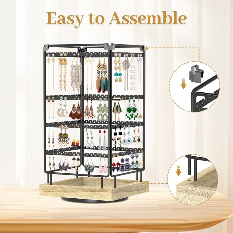 MODOWEY 4 Tier Rotating Earring Holder Organizer Metal Wooden Display Stand Tree for Women, 224 Holes and Grooves Large Storage Rack, Stable Square Tower for Stud Pierced Dangle Hoop, Light Oak - Image 5