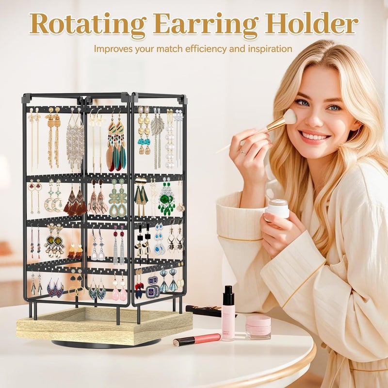 MODOWEY 4 Tier Rotating Earring Holder Organizer Metal Wooden Display Stand Tree for Women, 224 Holes and Grooves Large Storage Rack, Stable Square Tower for Stud Pierced Dangle Hoop, Light Oak - Image 3