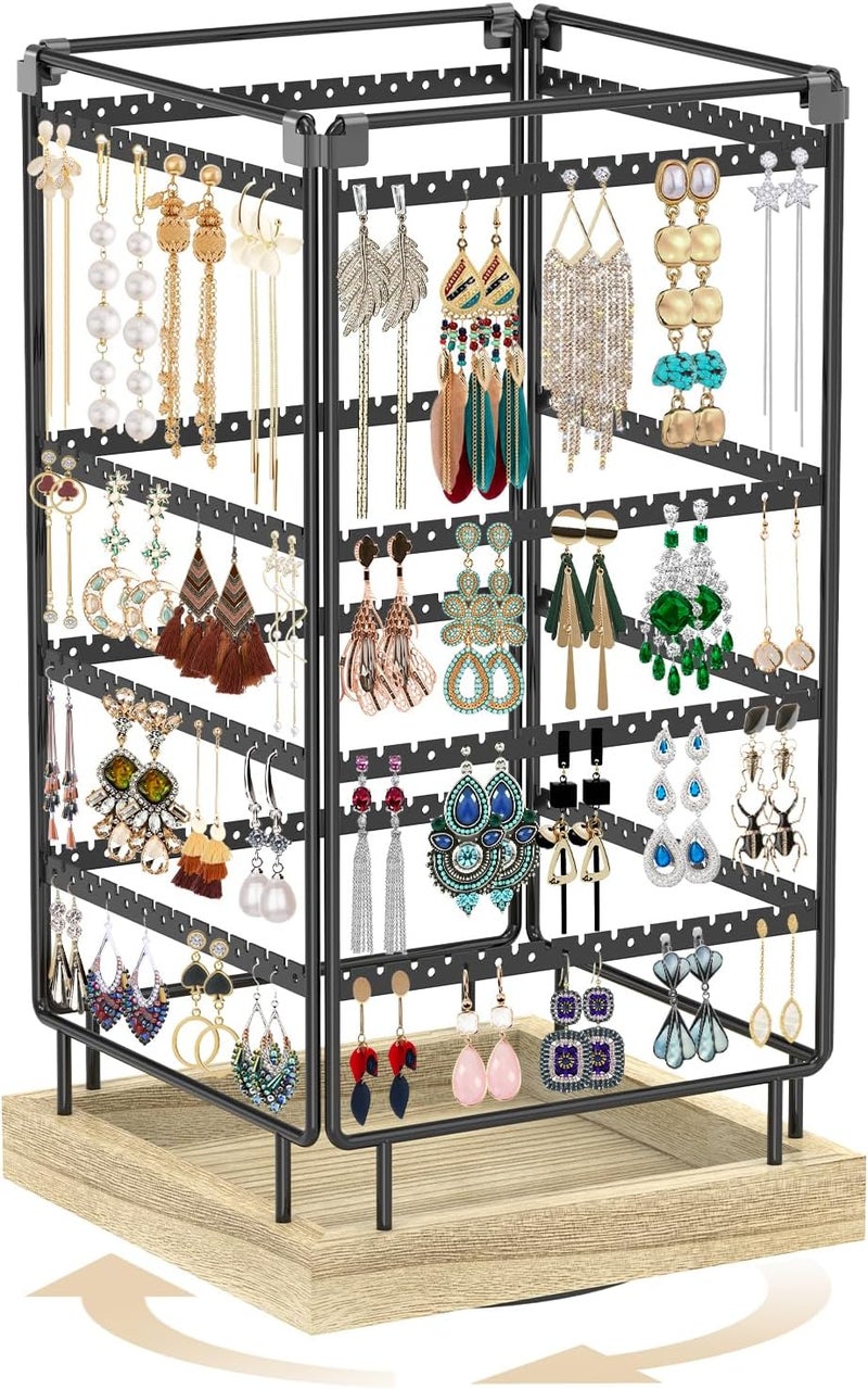 MODOWEY 4 Tier Rotating Earring Holder Organizer Metal Wooden Display Stand Tree for Women, 224 Holes and Grooves Large Storage Rack, Stable Square Tower for Stud Pierced Dangle Hoop, Light Oak - Image 1