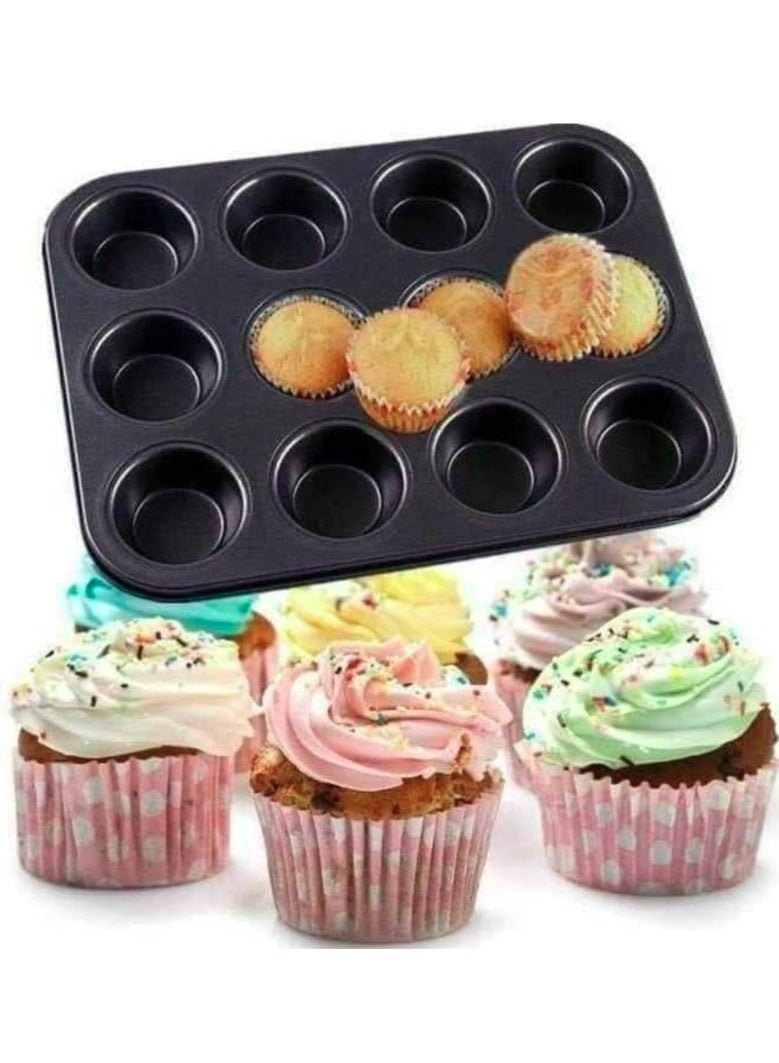 إيباسكت (2 قطعة) قوالب كب كيك قابلة لإعادة الاستخدام وغير لاصقة، صينية خبز كب كيك، 12 كوب أسود 26*42 سم - Image 2