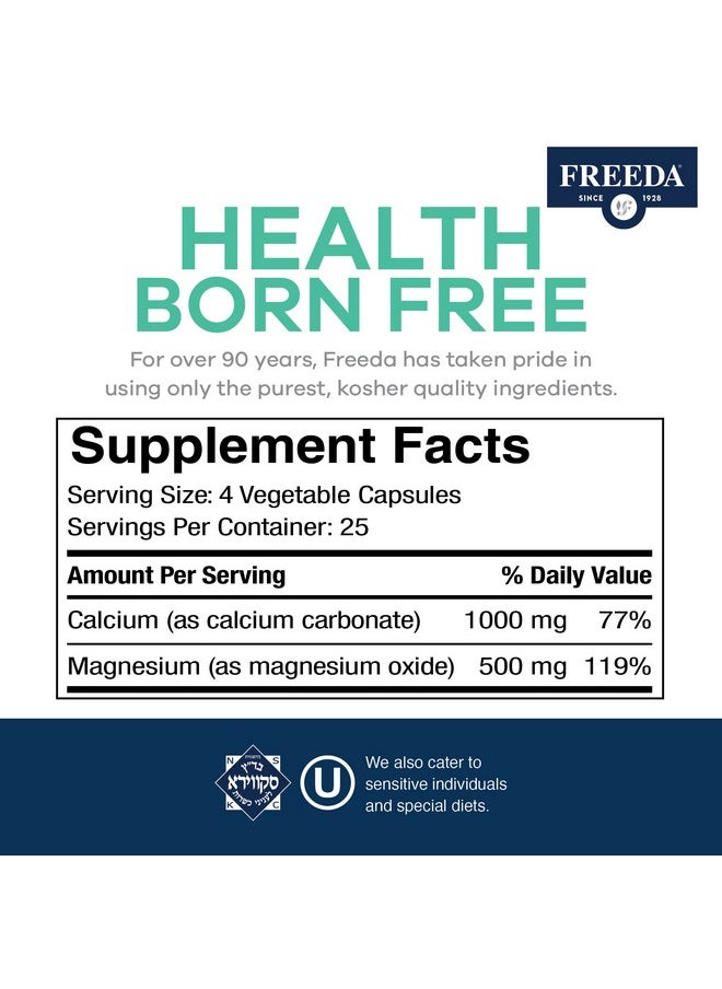 Freeda Super Cal/Mag Calcium Magnesium Kosher Magnesium And Calcium Supplements For Women & Men Calmag Bone & Joint Support Vegetarian/Vegan Calcium And Magnesium Supplement (100 Capsules)  - Image 4