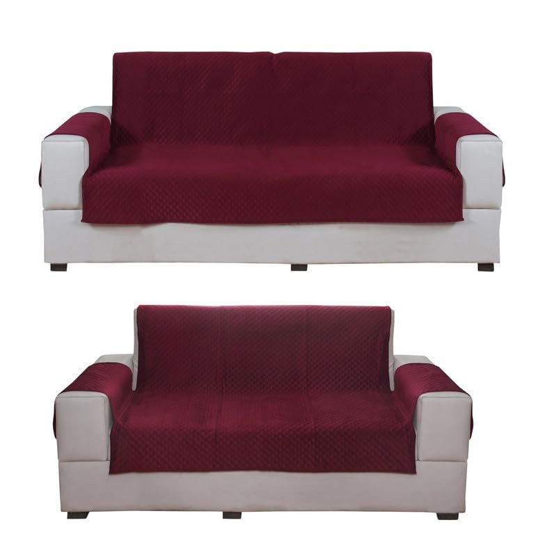 Nendle Latest Quilted Velvet Universal Protector Sofa Cover 3 Seater and 2 Seater|Sofa Cover L Shape 5 Seater Velvet for Living Room with Handle Cover (Maroon, Pack of 2) - Image 1
