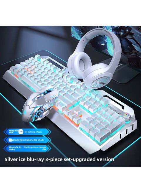 Forerunner TK900 Mechanical Keyboard Wired Mouse Suit Game Computer Electronic Competition Green Axis Wireless Keyboard Mouse Special-Color:Silver-blue [multi-function Knob-full Key Without Impact] + Mechanical Macro Mouse + Headset