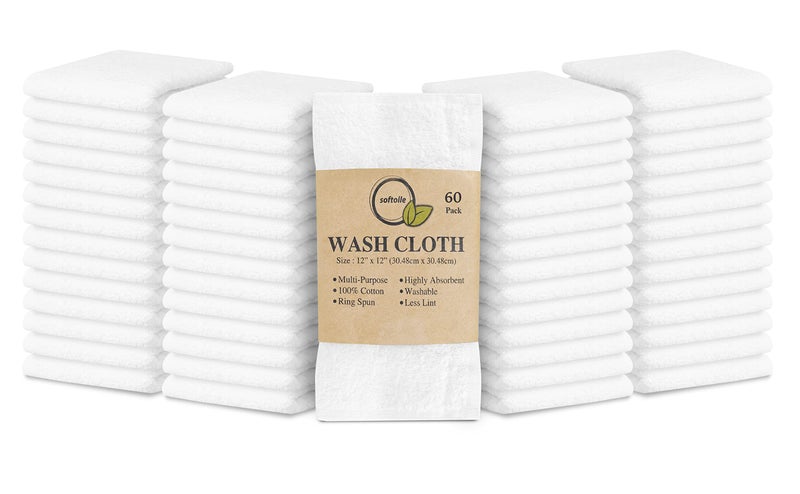 Softolle 100 Cotton Ring Spun Wash Cloths Bulk Pack of Washcloths 12x12 Inches Wash Cloth for Face Highly Absorbent Soft and Face Towels White 60 Pack