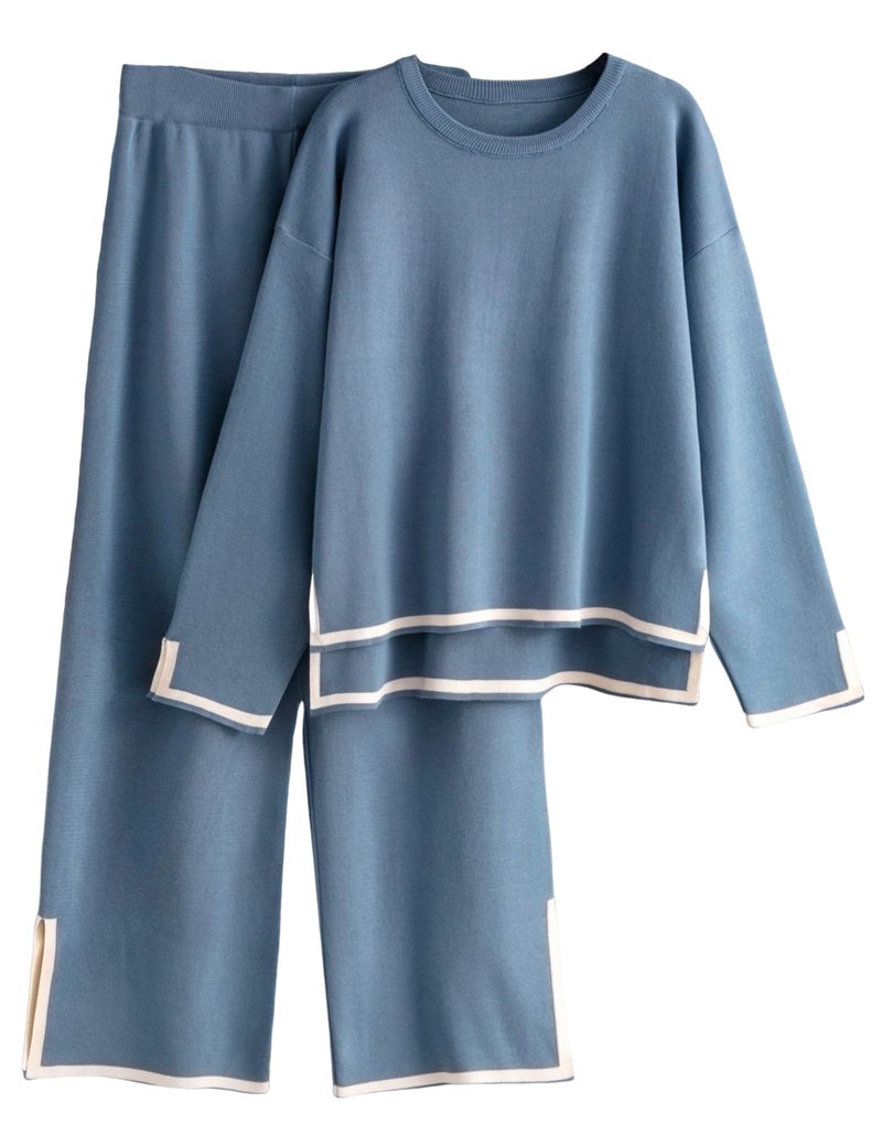 Tanming Women's 2 Piece Outfits Long Sleeve Knit Sweater Top Wide Leg Pants Lounge Sets Tracksuits (Blue, Medium) - Image 1