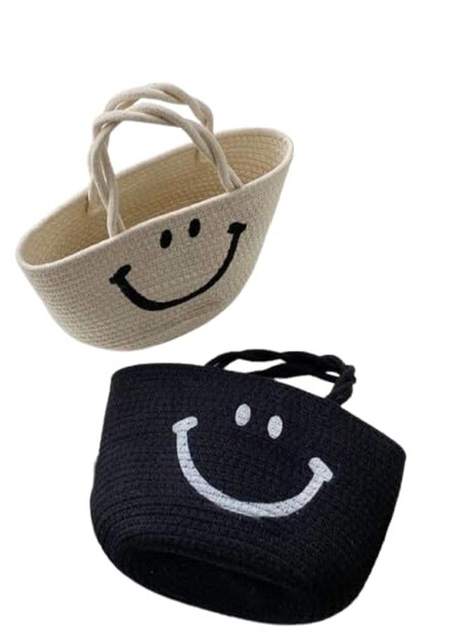 Rosslyn Jute Cotton Rope Cute Smiley Handbags for Women -12x6, Brown - Image 1