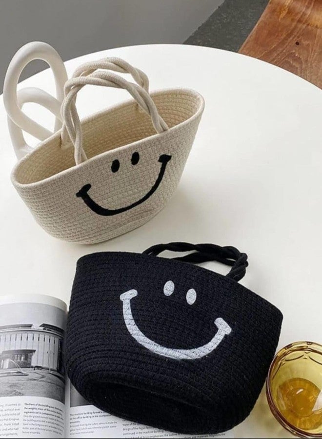 Rosslyn Jute Cotton Rope Cute Smiley Handbags for Women -12x6, Brown - Image 3