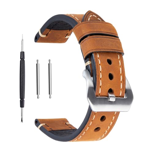 Berfine Brown 20mm Genuine Leather Wristwatch Watch Band Oil Tan Vintage Watchband for Men with Stainless Buckle - Image 1