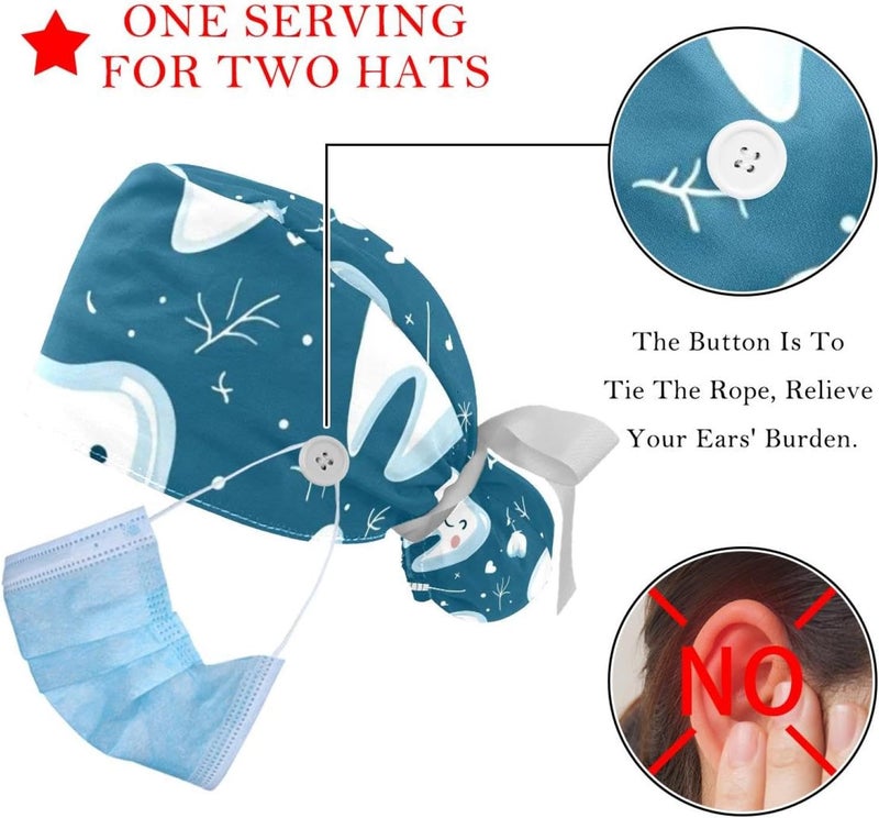 Adjustable 2 Packs Cute Teeth Tie Back Hats Caps Bouffant Hat Scrub Hats for Women - Image 3