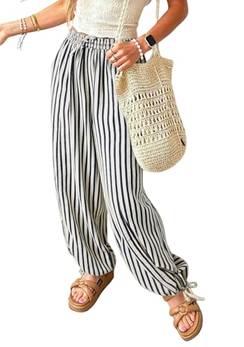 Acelitt Women Casual Striped Wide Leg Pants Drawstring Elastic High Waist Fashion 2026 Summer Pants Trousers with Pockets Black Small - Image 1