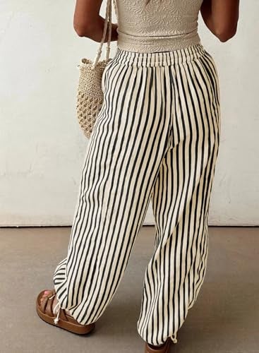 Acelitt Women Casual Striped Wide Leg Pants Drawstring Elastic High Waist Fashion 2026 Summer Pants Trousers with Pockets Black Small - Image 2