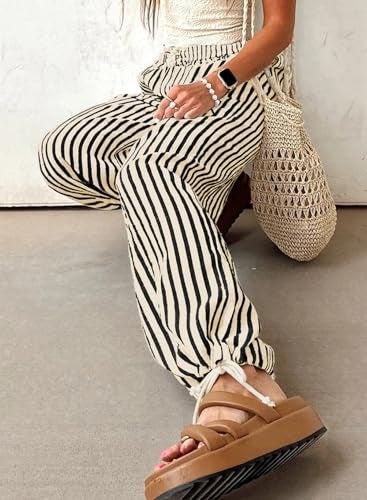 Acelitt Women Casual Striped Wide Leg Pants Drawstring Elastic High Waist Fashion 2026 Summer Pants Trousers with Pockets Black Small - Image 3