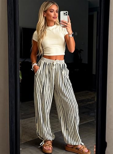 Acelitt Women Casual Striped Wide Leg Pants Drawstring Elastic High Waist Fashion 2026 Summer Pants Trousers with Pockets Black Small - Image 5