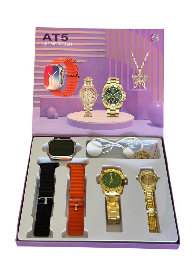 3 ساعات في علبه واحده من AT5 _ساعه ذكيه بشاشه عاليه الدقه مع مميزات التتبع الصحي والنشاط واسترابين مرفقين_بالاضافه الي ساعتين عاديتين باللون الذهبي _مع سوار مرفق لتكتمل اللمسه الجماليه - Image 1