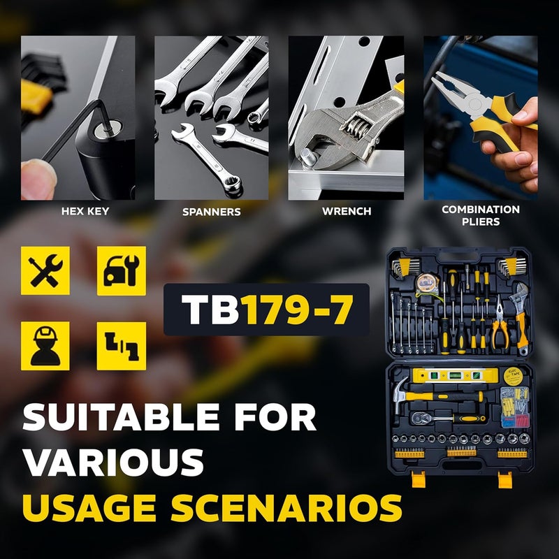 IBELL TOOLS iBELL TB179-7 Professional Tool Kit with Ratchet Set, 179-Piece Hand Tool Set with Sockets, Wrenches, Screwdrivers, Precision Bits & Case for Mechanics & Home Use - Image 2